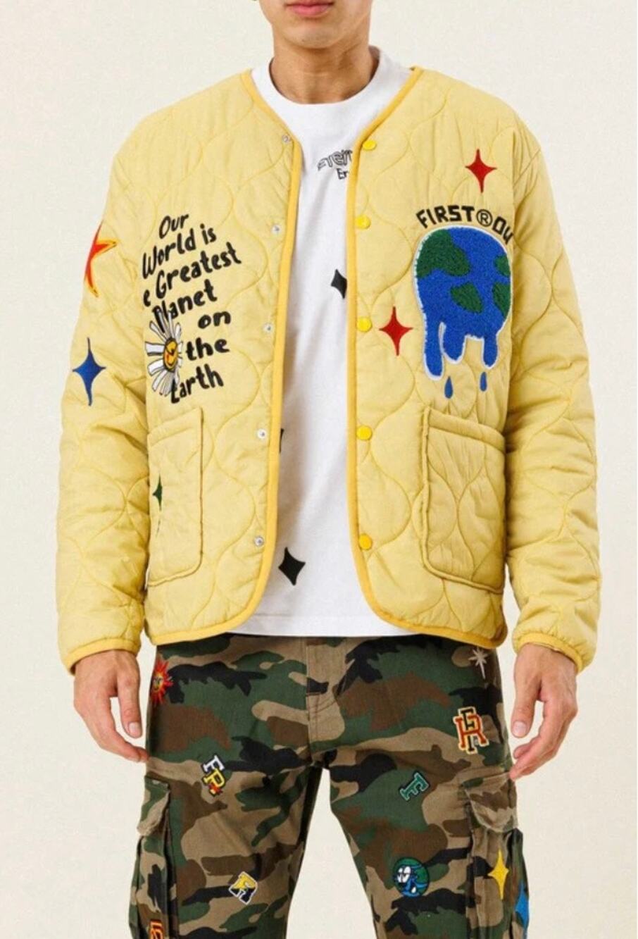 NWT FIRST ROW Yellow Planet Earth Quilted Liner Jacket - Unisex Size Medium